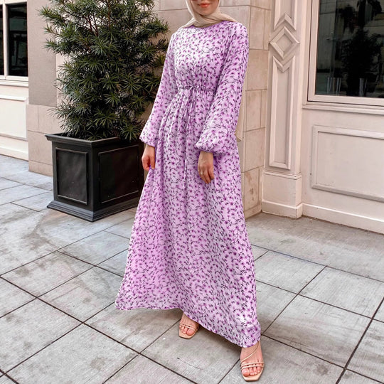 Damen Geblümtes Maxikleid mit Kordel-Taille und Ballonärmeln EB