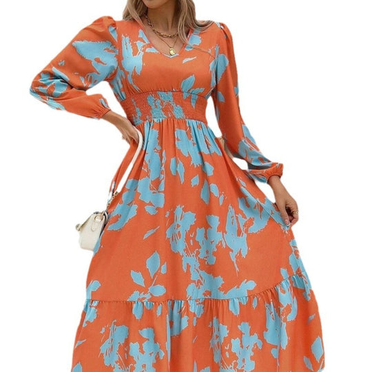 Damen Langarm Maxikleid mit floralen Mustern und voluminösen Ärmeln EB