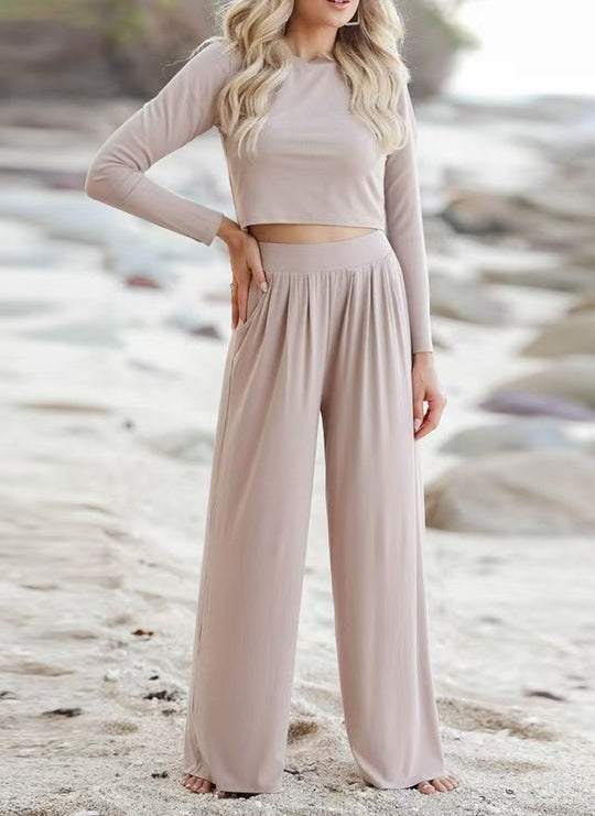 Damen lässiges Set aus cropped Oberteil und weiten Hose EB