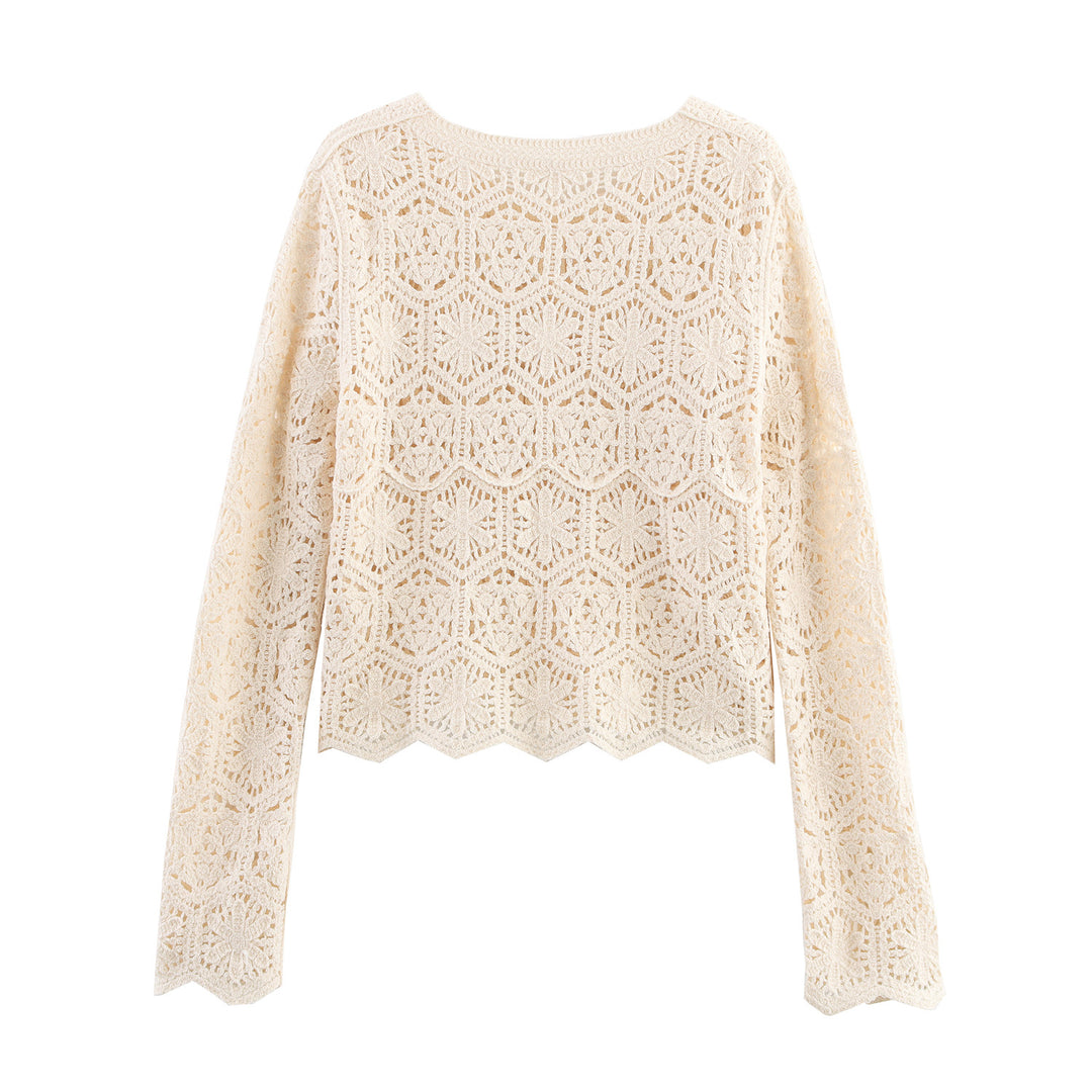 Damen lässige Strickjacke mit floralem Lochmuster und Knopfleiste EB