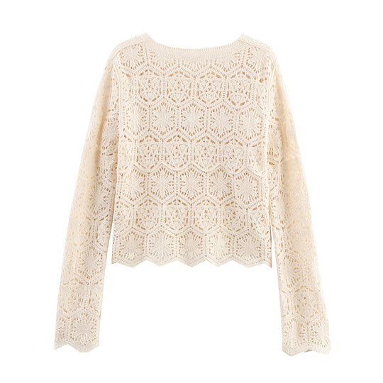 Damen lässige Strickjacke mit floralem Lochmuster und Knopfleiste EB