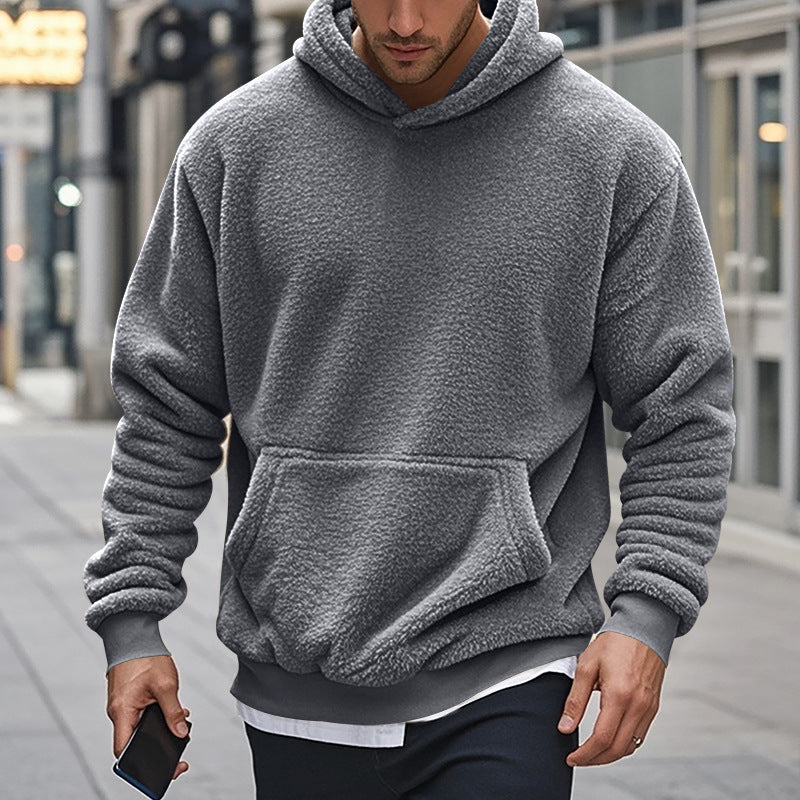 Herren Hoodie aus kuscheligem Teddy-Fleece mit Kängurutasche und breiten Bündchen EB