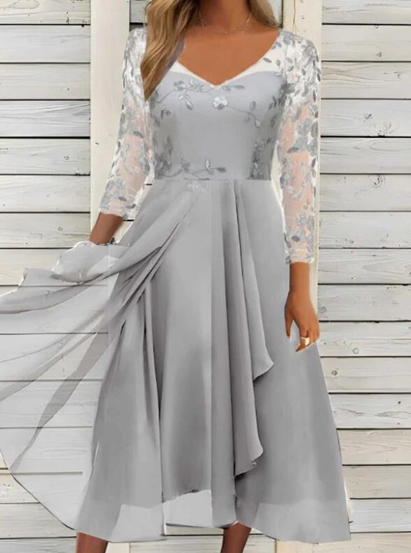 Damen nan V-Ausschnitt Chiffon-Midikleid mit besticktem Bustier, transparenten dreiviertel-Ärmeln und asymmetrischem Lagenrock EB
