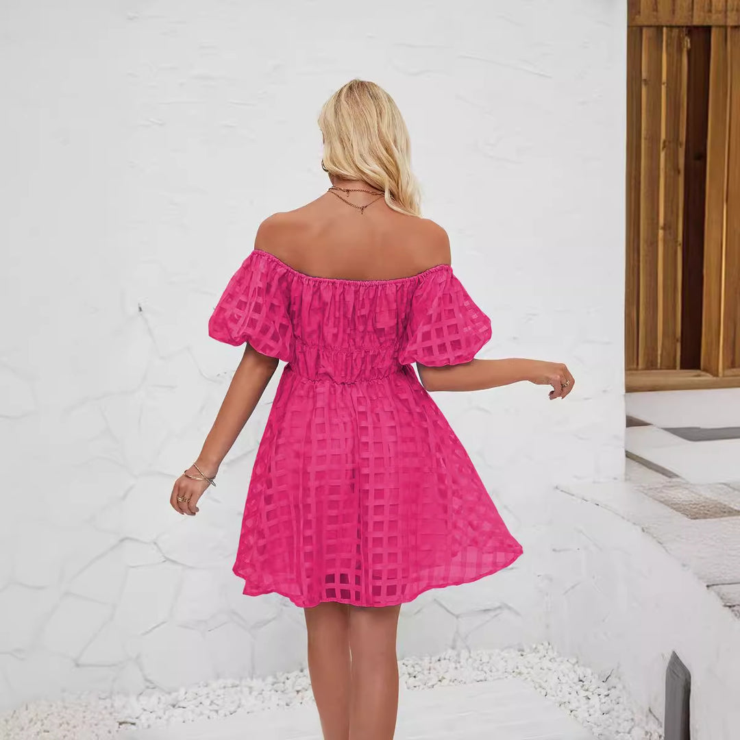 Damen Freizeitkleid im modernen Karomuster mit Puffärmeln und elastischer Taille EB