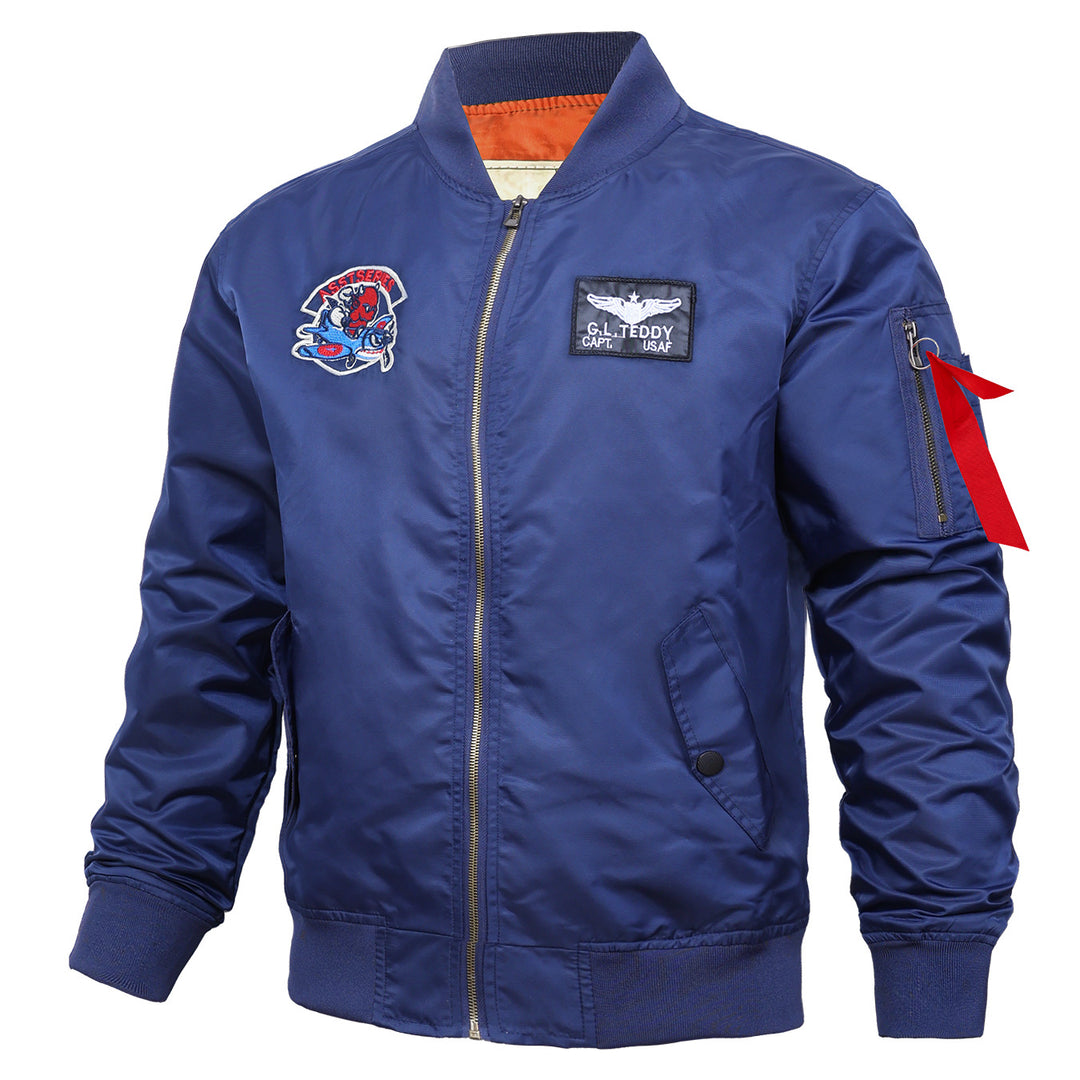 Men's  retro pilot-inspired flight jacket with embroidered crest, sleeve zipper utility pocket and contrast quilted lining EB