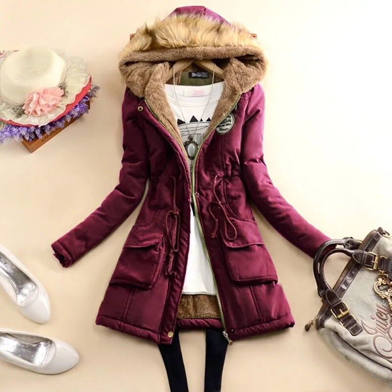 Damen Gefütterter Parka mit Kunstfellkapuze und Kordelzug-Taillierung EB