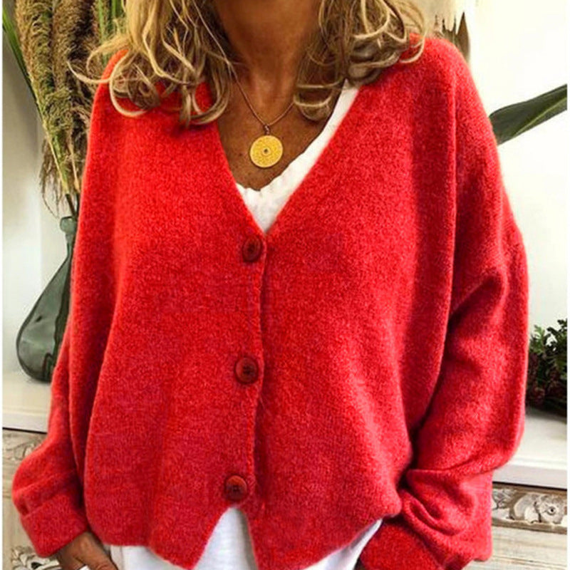 Damen lässiger Strickcardigan mit tiefem V-Ausschnitt und großen Knöpfen EB