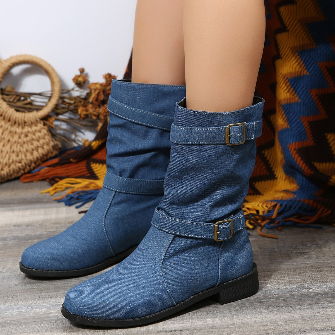 Damen Stiefeletten mit modischem Falten-Design und verstellbarem Riemen EB