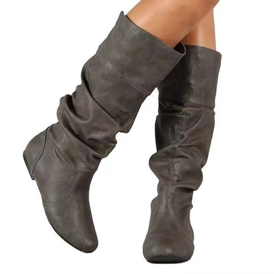 Damen Schlupfstiefel mit gerafftem Schaft und flacher Keilsohle EB
