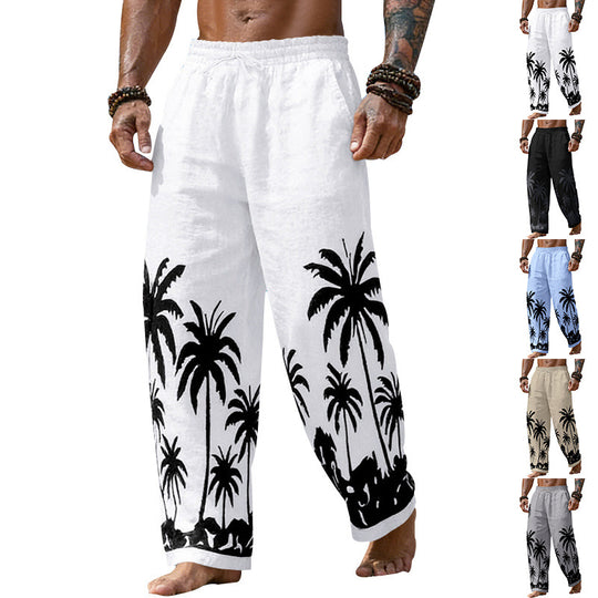 Herren Lässige weite Leinenhose mit elastischem Bund und tonalem Palmenprint EB