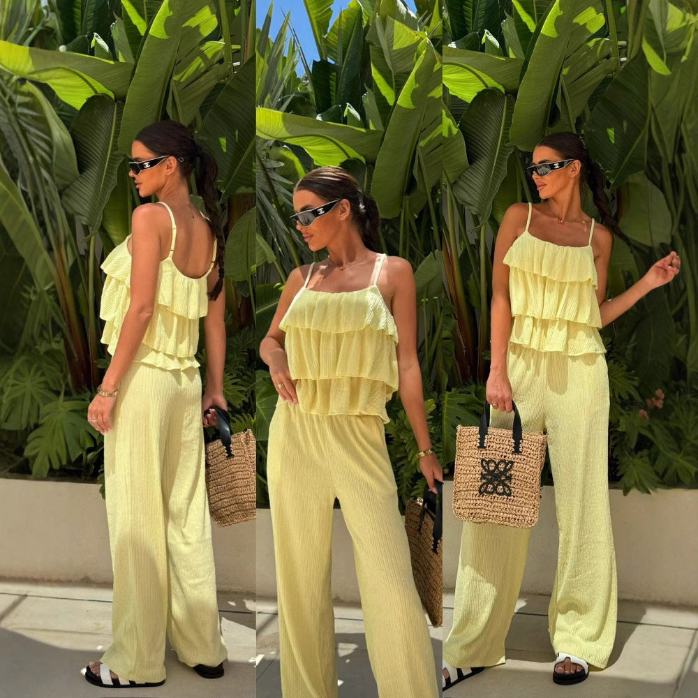 Damen Plissee-Volant-Cropped-Top mit Spaghettiträgern und weitem High-Waist-Hose-Set EB
