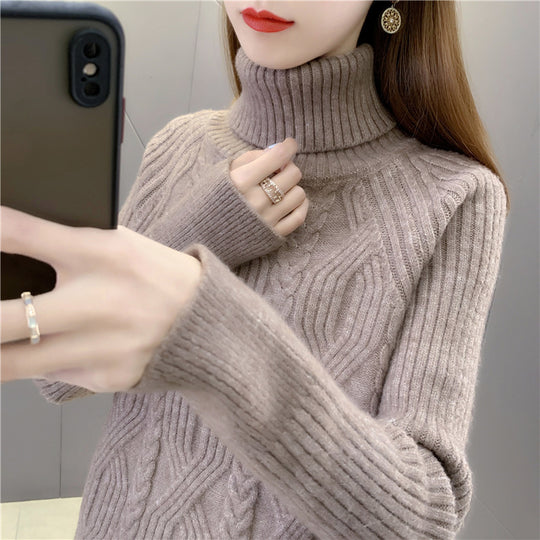 Damen Strickpullover mit hohem Kragen und feinem Zopfmuster EB