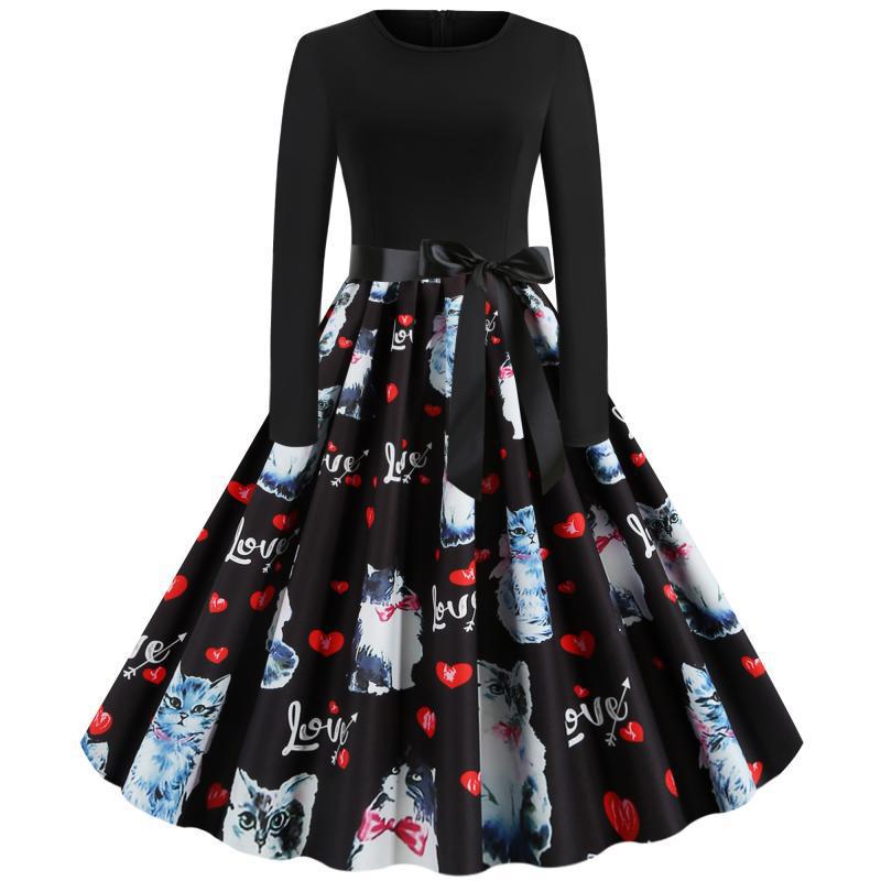 Damen Tailliertes Vintage-Swingkleid mit Satin-Taillenschleife, Langarm-Oberteil und printetem Tellerrock EB