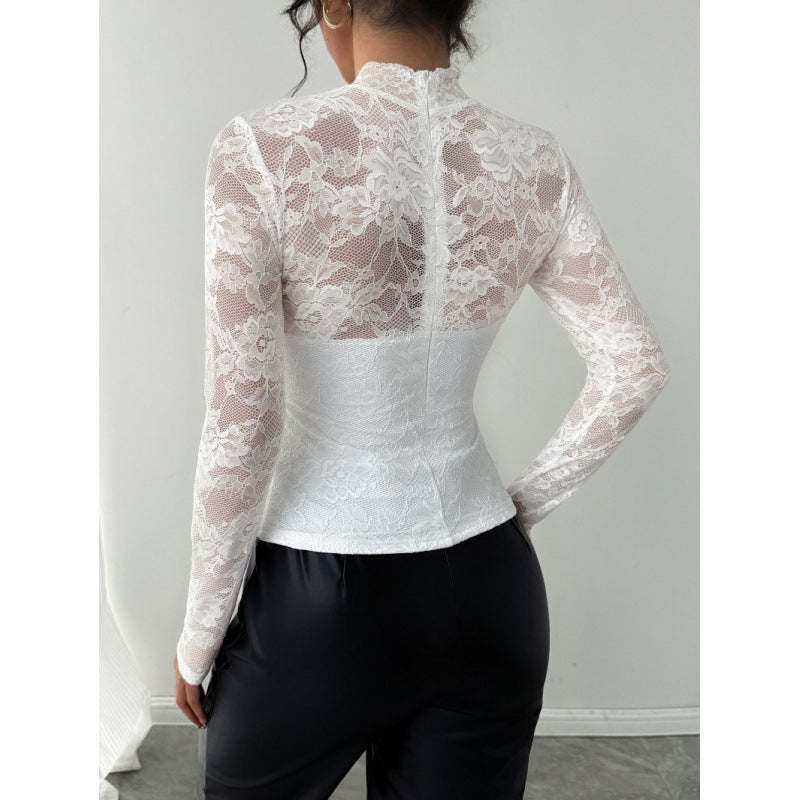 Damen Spitzenbody mit elegantem Stehkragen und langem Arm EB
