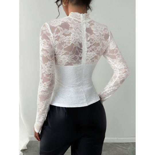 Damen Spitzenbody mit elegantem Stehkragen und langem Arm EB
