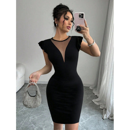Damen Etuikleid mit transparentem Dekolleté und Rüschendetails EB