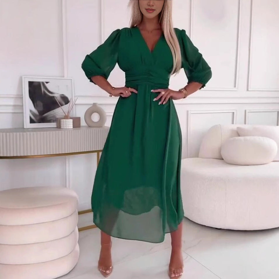 Damen Midikleid mit raffiniertem V-Ausschnitt und Puffärmeln EB