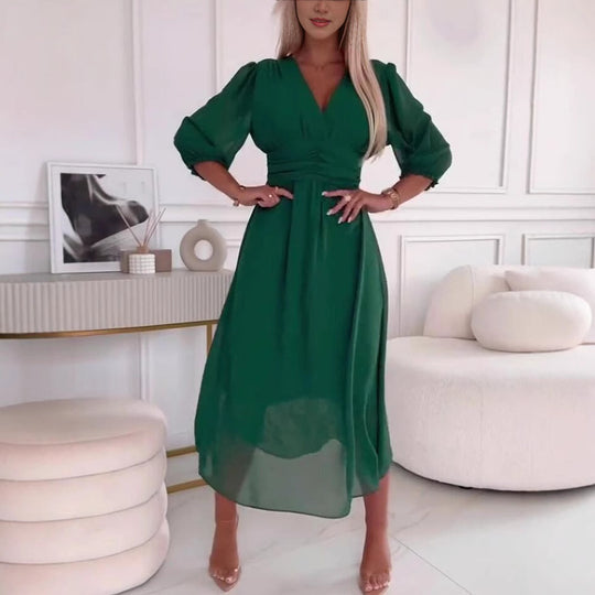 Damen Midikleid mit raffiniertem V-Ausschnitt und Puffärmeln EB