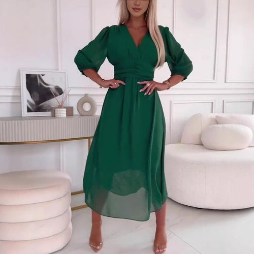 Damen Midikleid mit raffiniertem V-Ausschnitt und Puffärmeln EB
