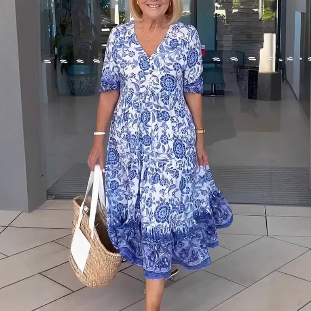 Damen Maxikleid mit raffiniertem Volant und floralem Design Heidi-Mode