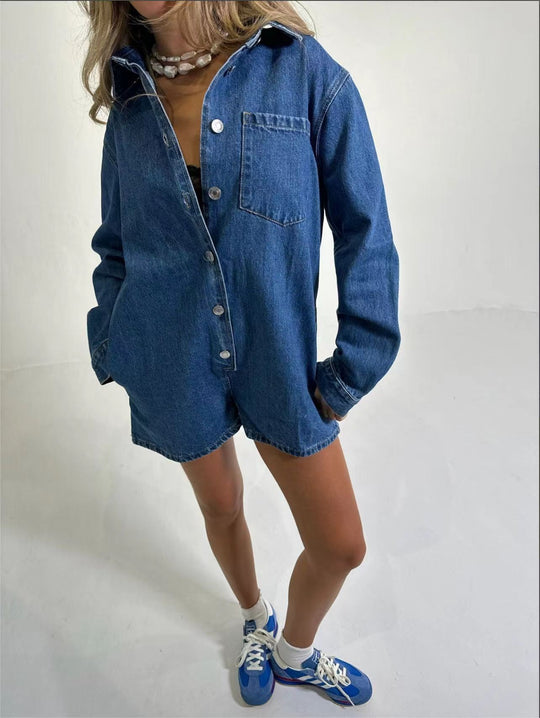 Damen Denim-Overall mit langen Ärmeln und klassischem Button-Up-Verschluss EB