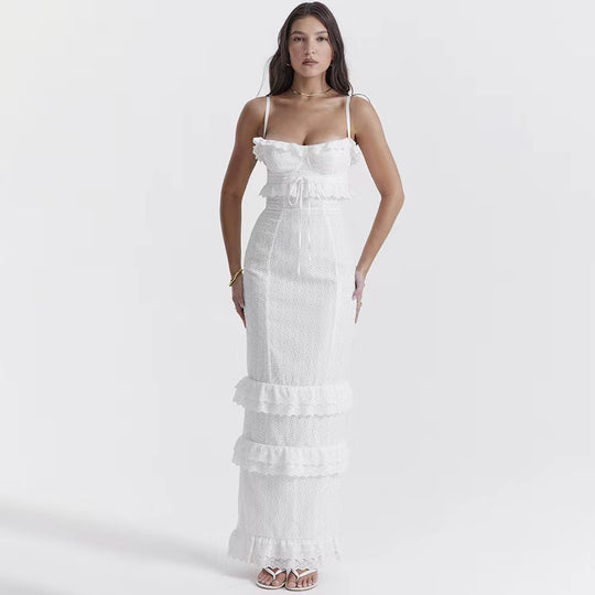Damen elegantes Spitzen-Maxikleid mit Rüschendetails und schmalen Spaghettiträgern EB