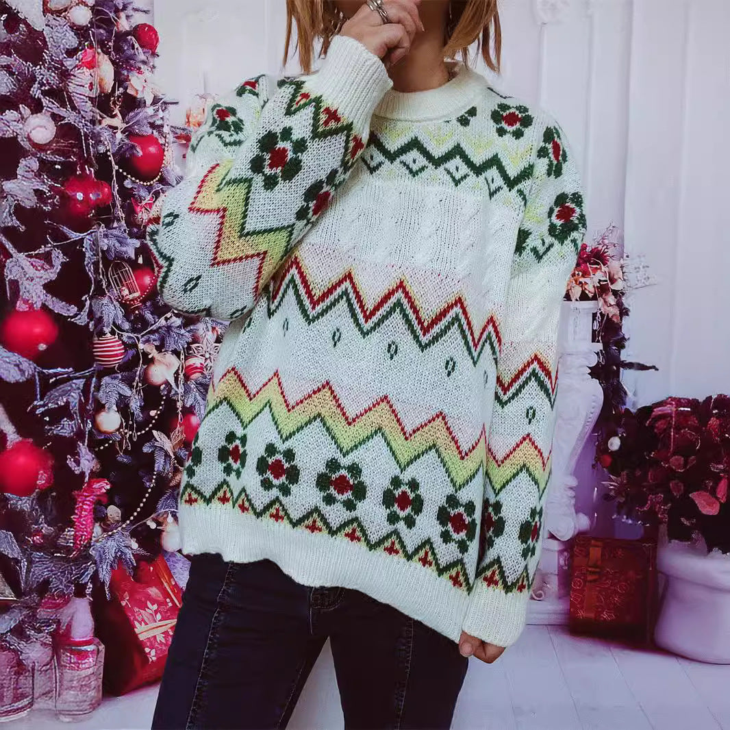 Damen festlicher Strickpullover mit nordischem Muster EB