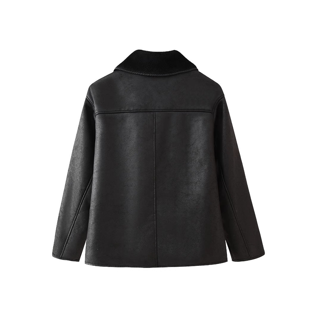 Damen Kunstlederjacke mit luxuriösem Fellkragen und praktischen Taschen EB