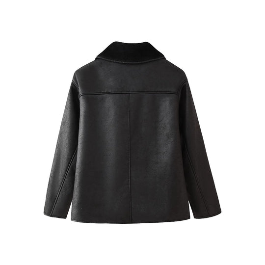 Damen Kunstlederjacke mit luxuriösem Fellkragen und praktischen Taschen EB