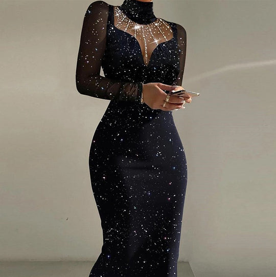 Damen Elegantes Abendkleid mit transparenten Ärmeln und schimmerndem Sternenmuster EB