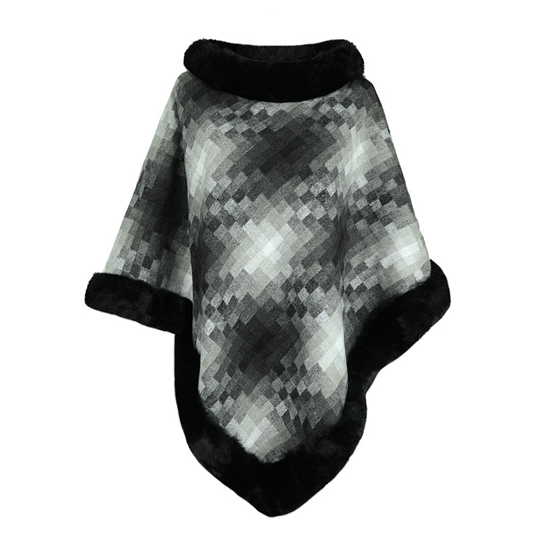 Damen modischer Poncho mit luxuriösem Kunstpelzkragen EB