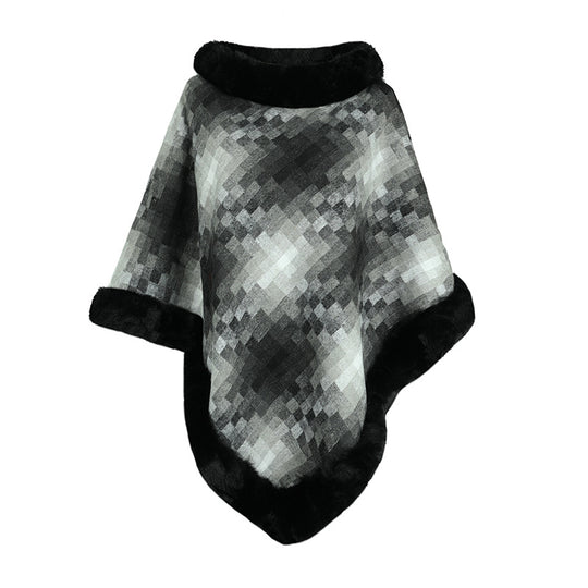 Damen modischer Poncho mit luxuriösem Kunstpelzkragen EB