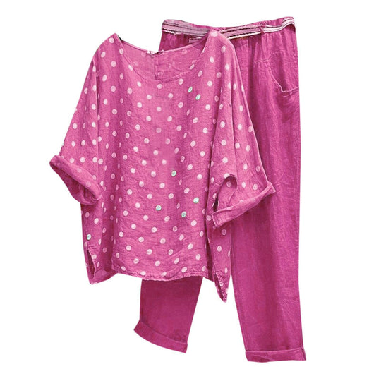 Damen nan komfortables Leinen-Freizeitset mit weiter Tunika, Pünktchenmuster und elastischer Bundhose EB