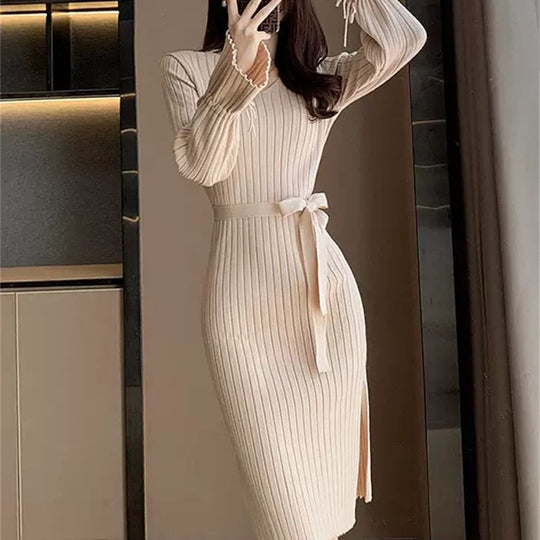 Damen Figurbetontes Maxikleid mit Bindegürtel und Rippstruktur EB