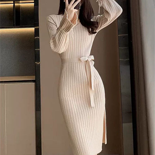 Damen Figurbetontes Maxikleid mit Bindegürtel und Rippstruktur EB