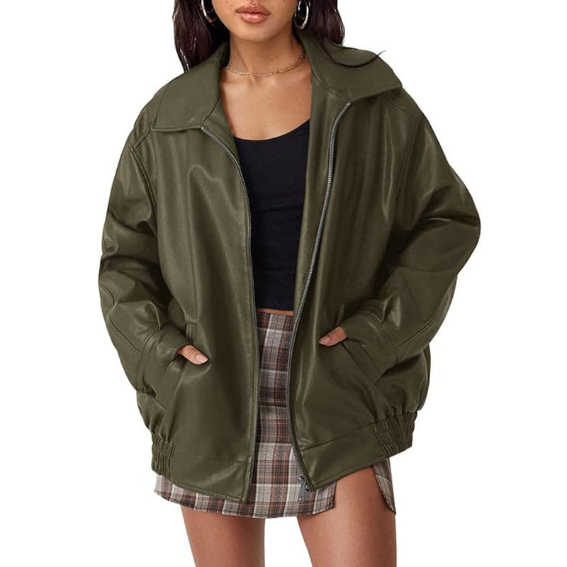 Damen Oversize Kunstleder Blouson mit Reißverschluss und elastischem Saum EB