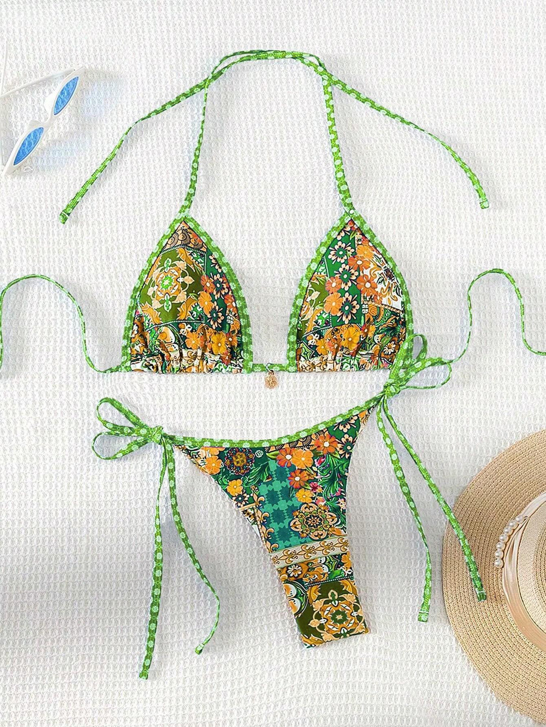 Damen Triangel-Bikini mit buntem floralen Mustermix und verstellbaren Trägern EB