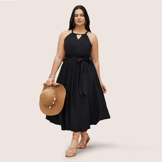 Damen Midikleid mit verstellbarem Träger und elastischem Taillengürtel EB