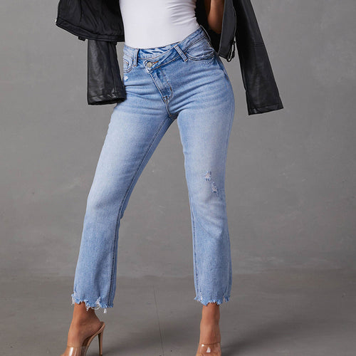Damen High-Waist Jeans mit trendy Fransen und distressed Details EB