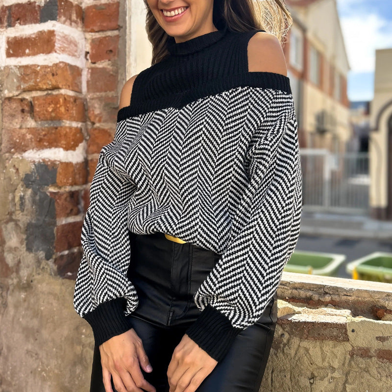 Damen Strickpullover mit Schulterfreiem Design und Stilvollem Zickzackmuster EB