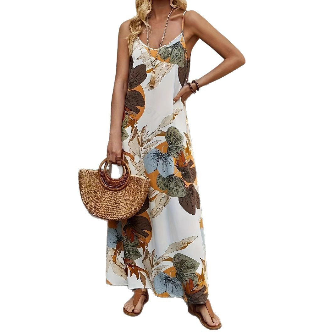 Damen Maxikleid mit floralem Design und feinen Spaghettiträgern EB