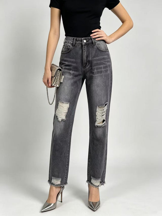 Damen nan hochgeschnittene Straight Leg Jeans mit gezielten Rissdetails und rohem Knöchelabschluss EB