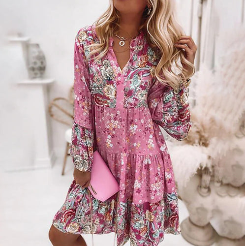 Damen nan kurzes Stufenkleid im Boho-Print mit V-Ausschnitt, geraffter Brustpasse und Balloonärmeln EB
