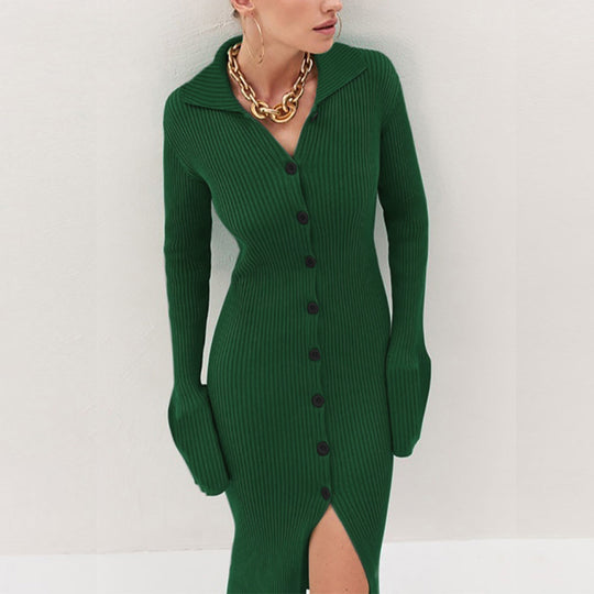 Damen Strickkleid mit modischem Knopfverschluss und elegantem Schlitz EB