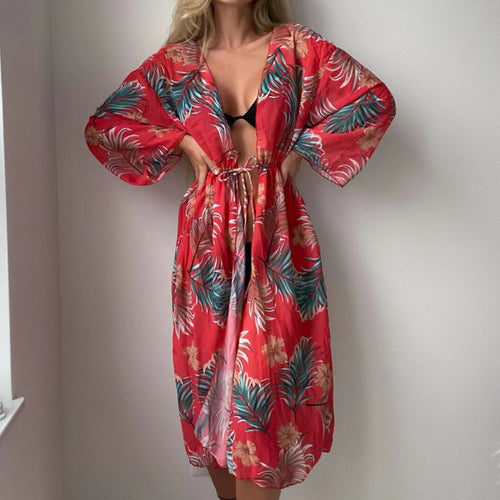 Damen luftiger Strandkimono mit floralen Motiven EB