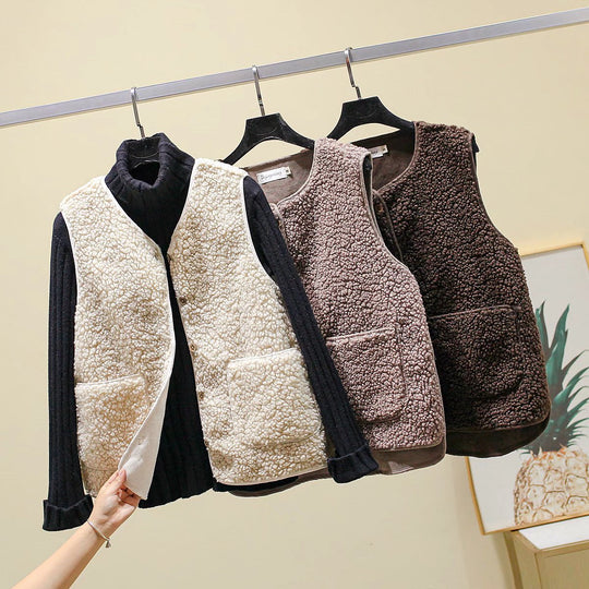 Damen Teddy-Fleece Weste mit Knopfleiste und Aufgesetzten Taschen EB