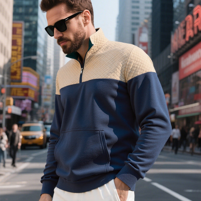 Herren Colorblock-Halbzip-Sweatshirt mit gesteppter Brustpartie, Kängurutasche und elastischen Bündchen EB