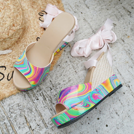 Damen Wedge-Schuhe mit buntem Marmor-Design und Riemchen EB