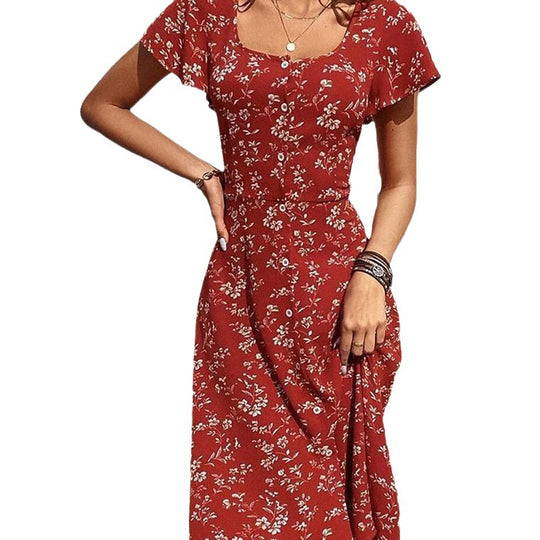 Damen Midi Kleid mit floralen Mustern und Knopfleiste EB