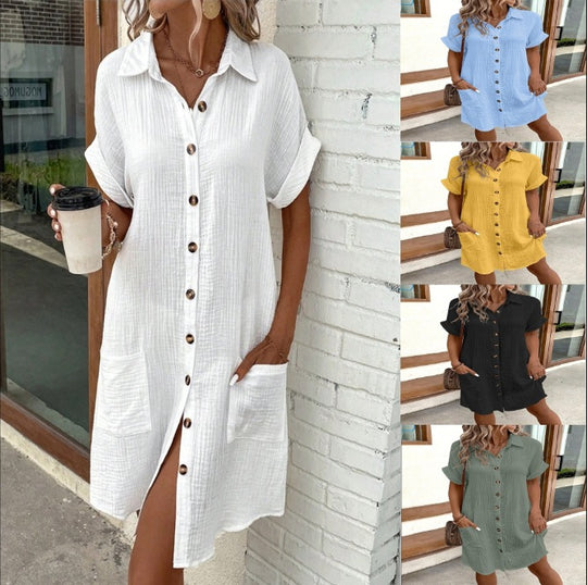 Damen Hemdblusenkleid aus leichtem Baumwollstoff mit praktischen Taschen und durchgehender Knopfleiste EB